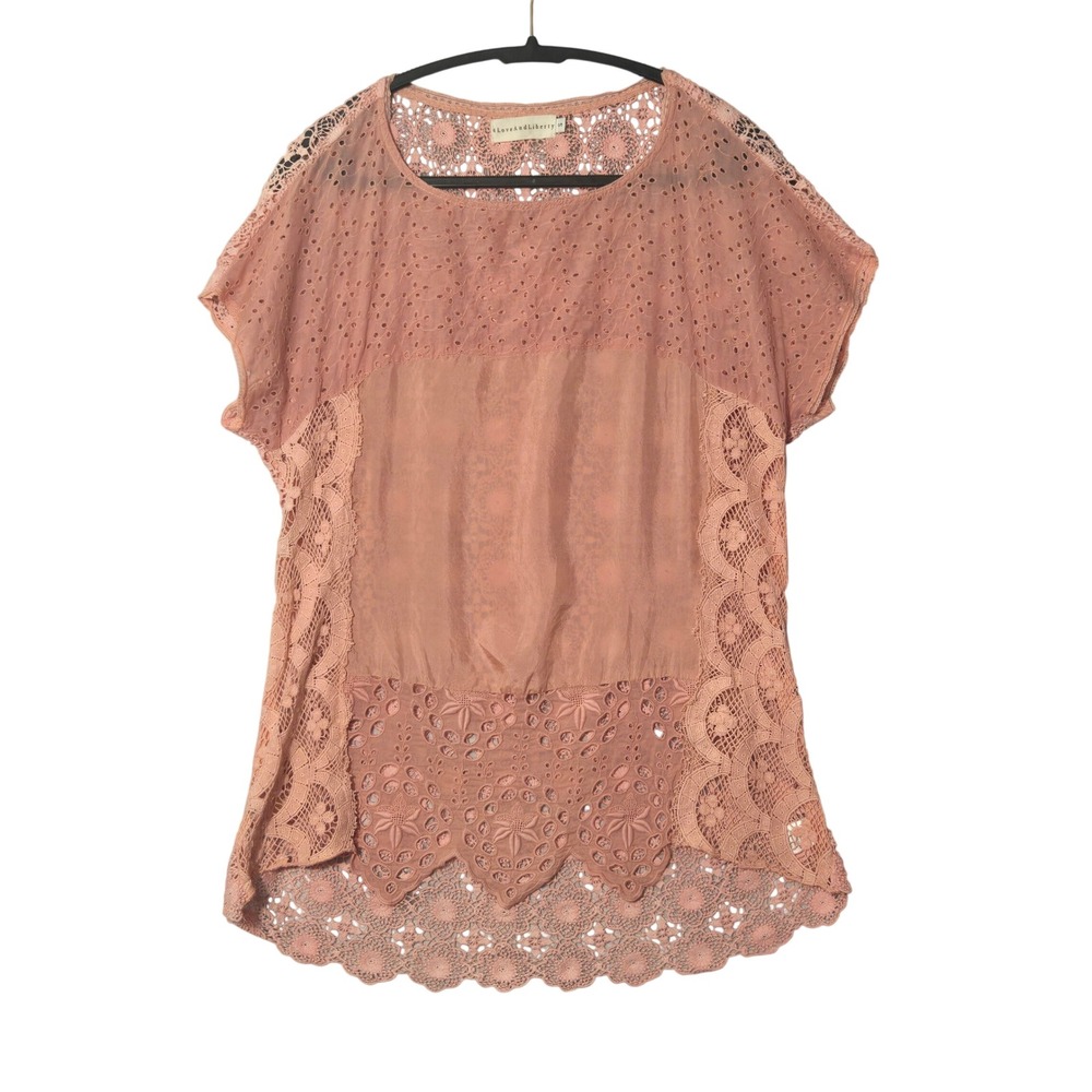 4 Love And Liberty Lace Crochet Short Sleeve Blouse Pink S Feminine Boho Spring